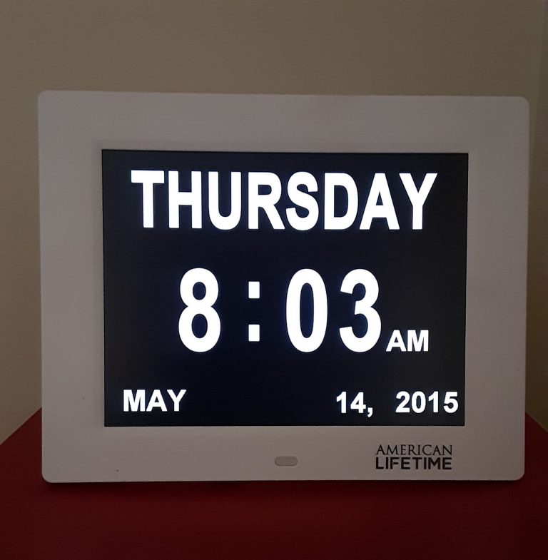 A clock showing the date, day of the week and the time