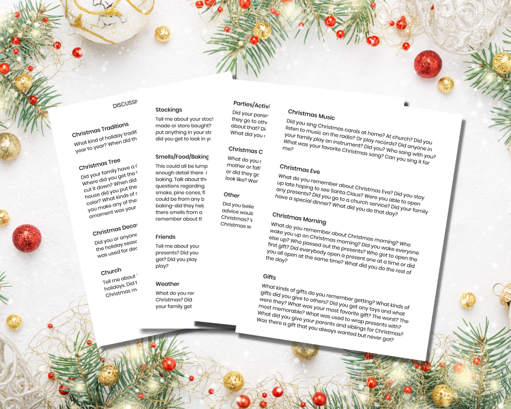 Discussion prompt pages from the Christmas Memory Journal