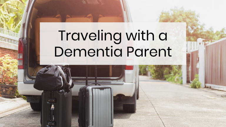 Van with luggage ready to be loaded into the van with the caption Traveling with a Dementia Parent